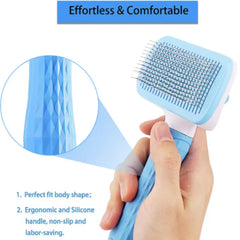 Pet Deshedding Comb | Self Cleaning Needle Brush for Dogs and Cats close-up view