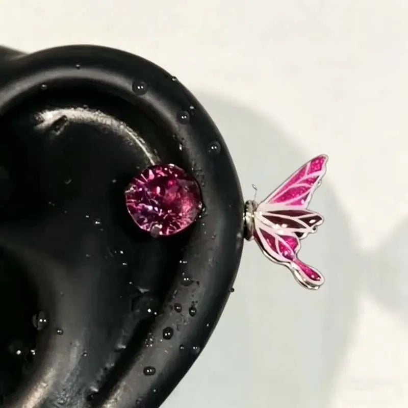 Sweet Cool Enamel Zircon Butterfly Stud Earrings for Women Punk Metal Shiny Crystal Pier detail view