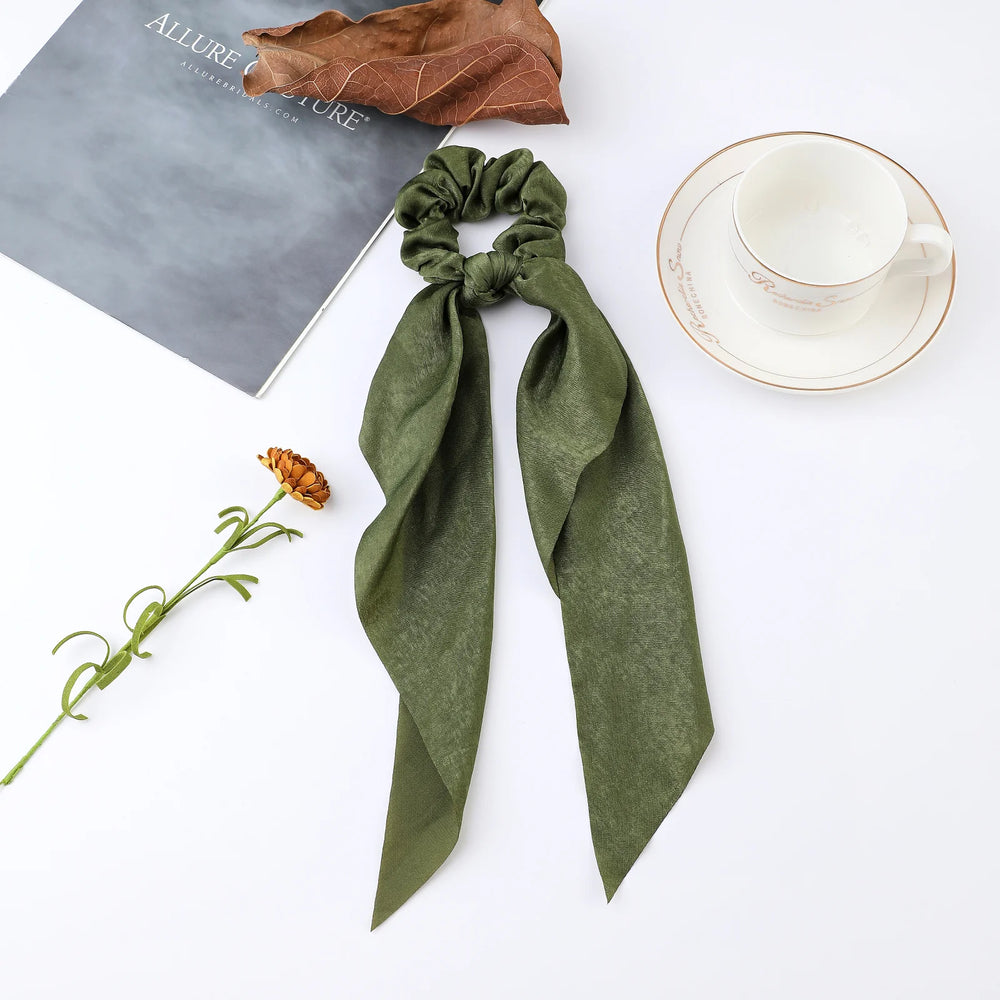 Fashion Flower Print Bow Satin Long Ribbon Ponytail Scarf Tie Scrunchies Women Girls lifestyle view