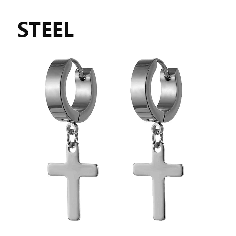 2pc Stainless Steel Men Cross Stars Punk Dangle Earrings Gothic Woman Cross Ear Hoop Ear detail view