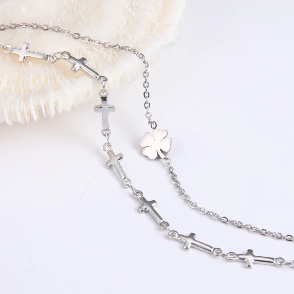 Skyrim Foot Chain of Women Men Silver Color Four-leaf Clover Stainless Steel Anklet Simp detail view