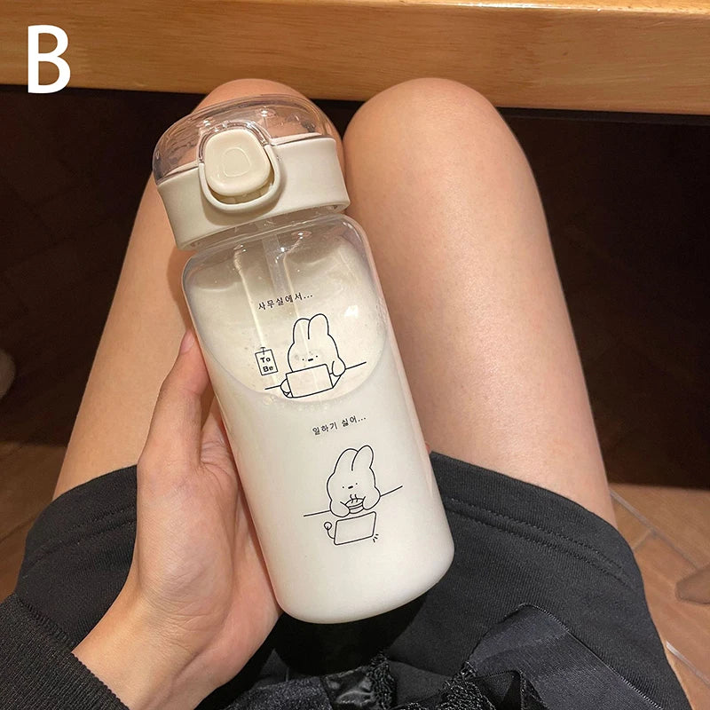 Cartoon Water Bottle With Straw Cute Plastic Drinking Bottle Portable Leak-proof Drinkwa detail view