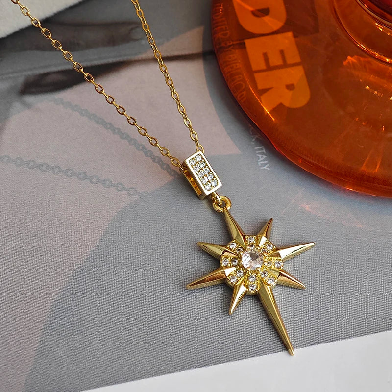 316L Stainless Steel Star Pendant Necklace | Shiny Zircon Jewelry for Women close-up view