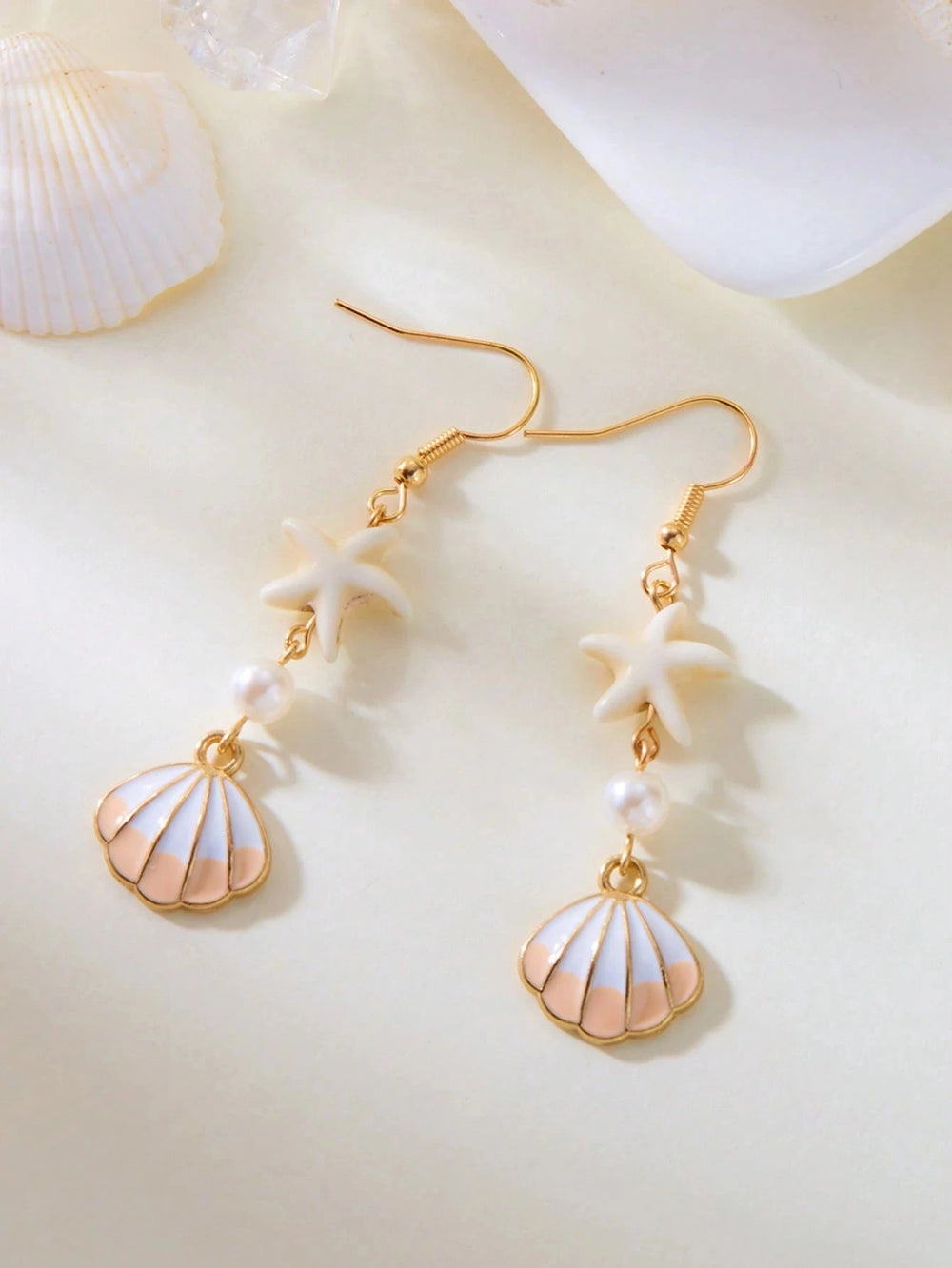 1 Pair Minimalist Starfish, Pearl & Shell Design Earrings, Suitable For Beach Vacatio alternate view