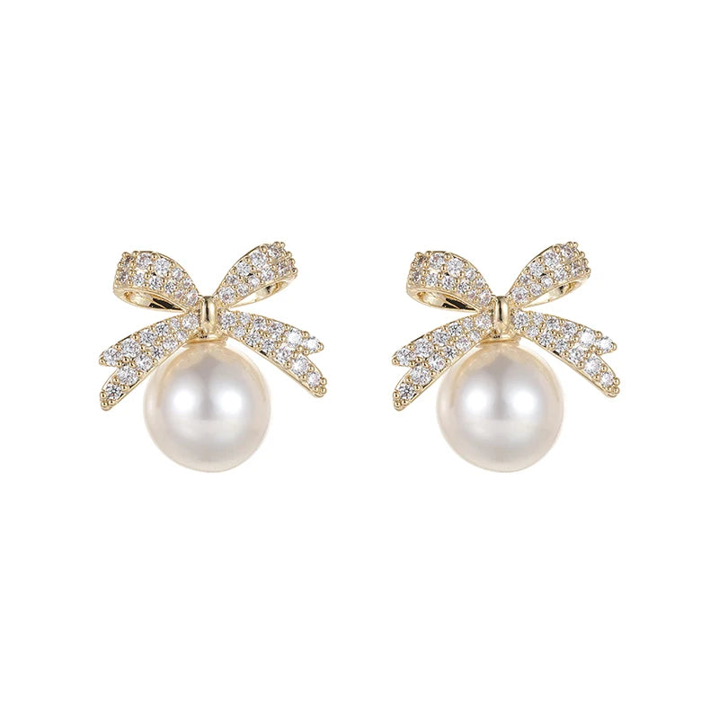 French Sweet Personality Pearl Simple And Small Design Sense Full Of Drill Bow Delicate All-matching Earwear Female