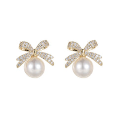 French Sweet Personality Pearl Simple And Small Design Sense Full Of Drill Bow Delicate All-matching Earwear Female