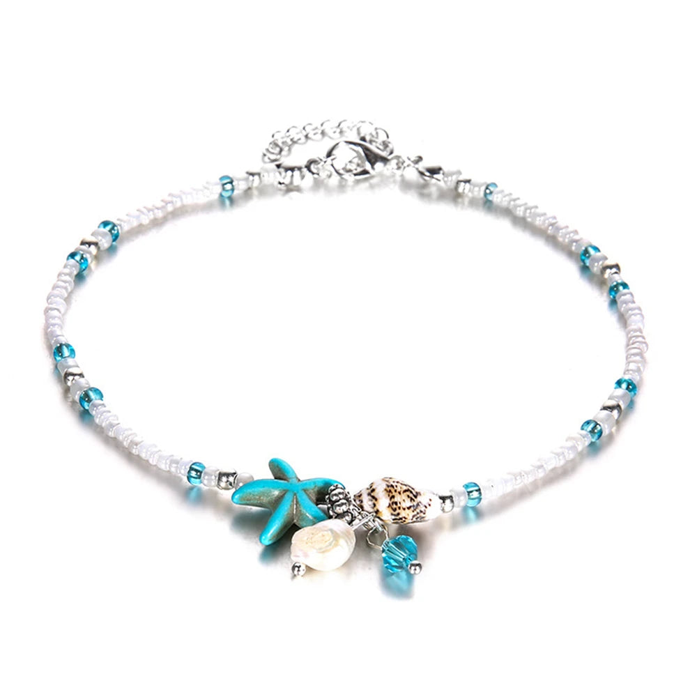 1Pc Boho Turquoise Starfish Anklets Summer Conch Rice Bead Anklet With Adjustable Chai close-up view