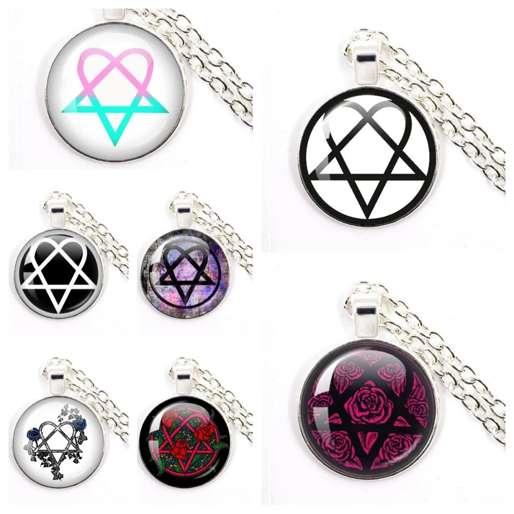 Hip Hop Rock Music Band Him Heartagram Glass Cabochon Pendant Star Heart Patten Necklace Chain Charm Necklace Jewelry Gift