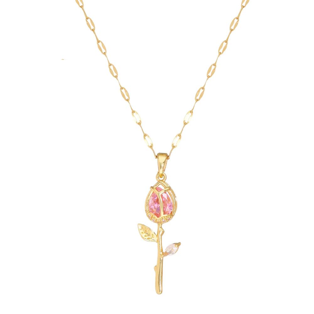 Elegant Pink Rose Necklace for Women Light Luxury Zircon Flower Pendant High-End Jewe alternate view