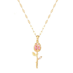 Elegant Pink Rose Necklace for Women Light Luxury Zircon Flower Pendant High-End Jewe alternate view