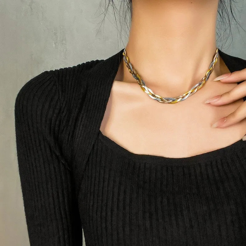 Tricolor Hand Braided Stainless Steel Necklace | Cuban Chain Jewelry for Women detail view