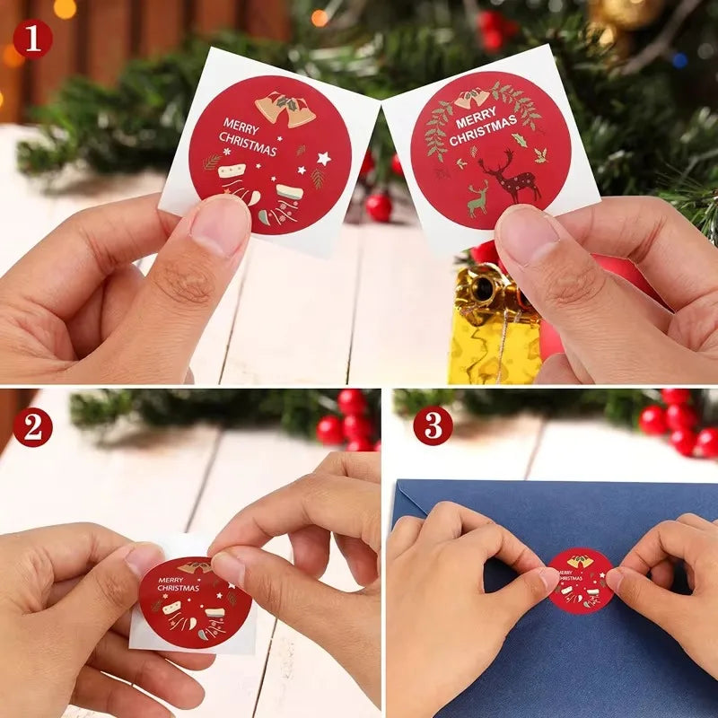 Merry Christmas Stickers | Round Roll Sticker Pack for Gift Wrapping and DIY Crafts close-up view