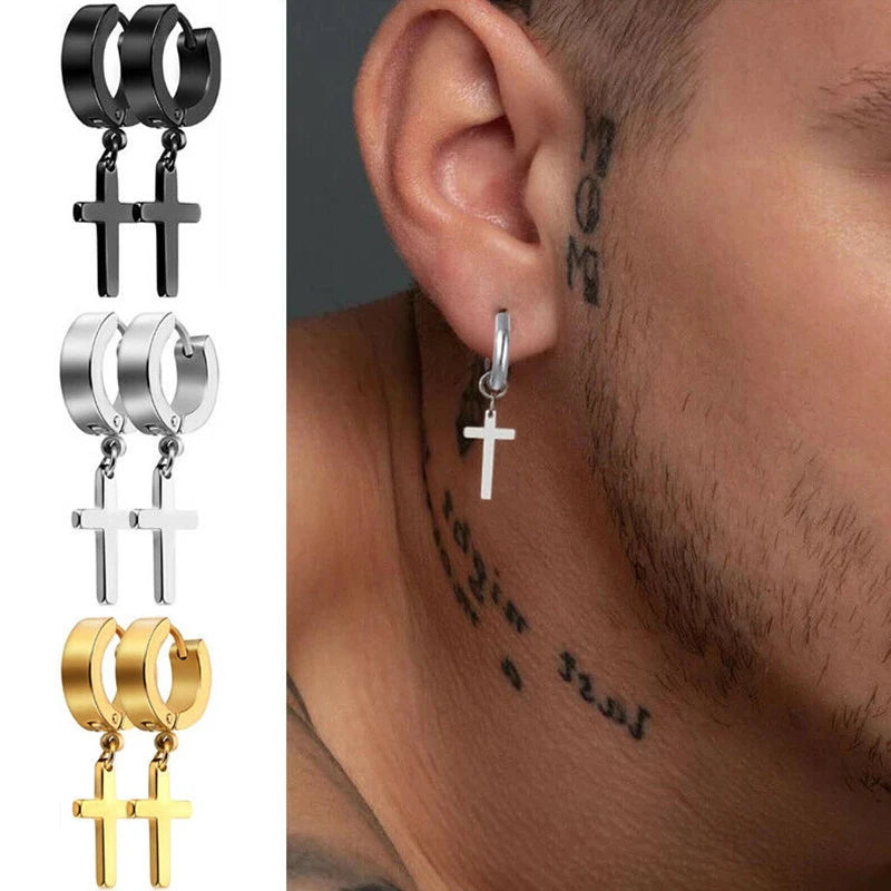 Black Cross Earrings for Men Women | Stainless Steel Punk Studs lifestyle view