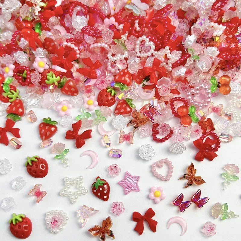 100PCS Random Mixed Strawberry Flowers Nail Charms Sweet Resin Flatback Moon Nail Art Decoration Acc