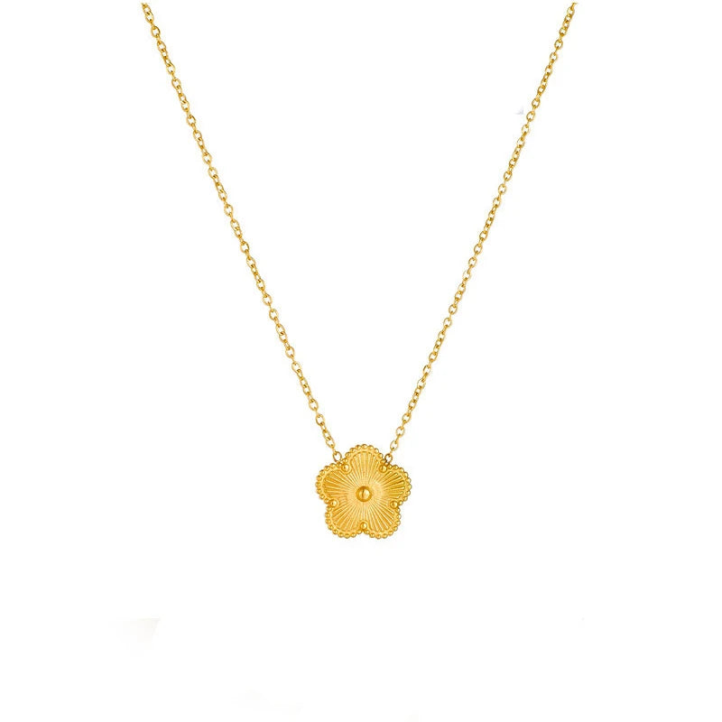 14K Gold Plated Stainless Steel Necklace Woman Five Leaf Petals Double Sided Necklace lifestyle view