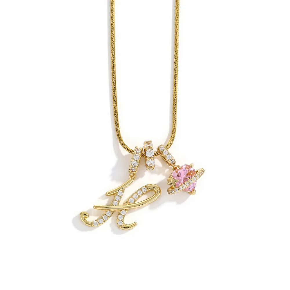 Gold Color Zircon Flower Pendant Necklace Female A-Z 26 Letter Alphabet Wedding Jewel alternate view