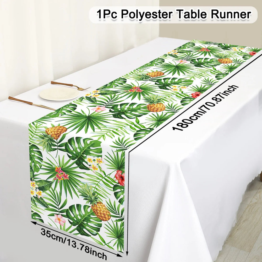 Tropical Hawaiian Party Tablecloth and Flamingo Decor Set | Plastic Table Runner and lifestyle view