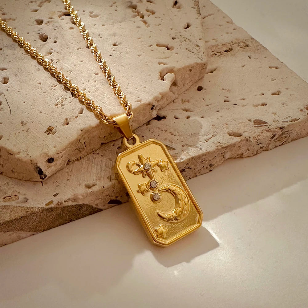 Vintage Gold Pendant Necklace | Hammered Moon Star Stainless Steel Jewelry additional angle