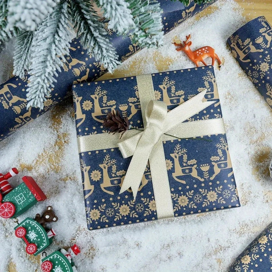Navy Blue Kraft Christmas Wrapping Paper Roll | Snowflake, Floral and Reindeer Design detail view