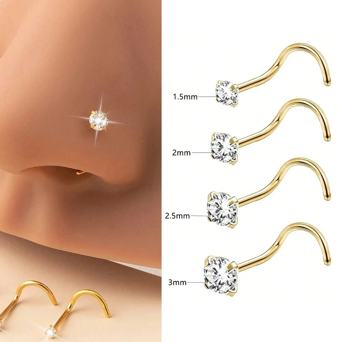 1/3/5Pcs Minimalist Curved Bar Nose Studs Stainless Steel CZ Inlaid Nose Piercing Jewelr detail view