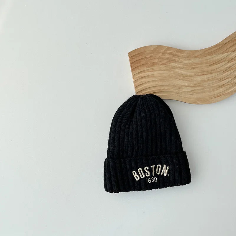 Boston Knitted Baby Hat with Letter Design | Winter Ear Protection Cap additional angle