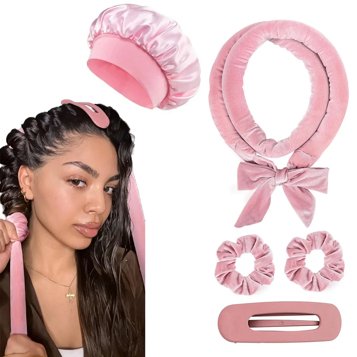 Velvet Heatless Hair Curlers Headband Kit No Heat Curls Tool + Satin Sleep Cap + Hair Ti detail view