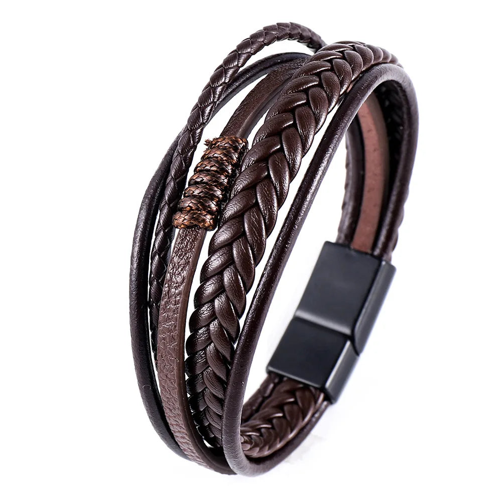 Multi Layer Braided Rope Bracelet for Men | Classic Handmade PU Leather Wristband w additional angle
