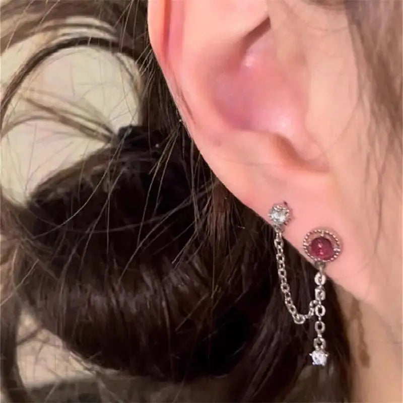 Double Ear Hole Ear Bone Chain Earrings | Sweet Cool Y2K Dazzle Color Jewelry close-up view