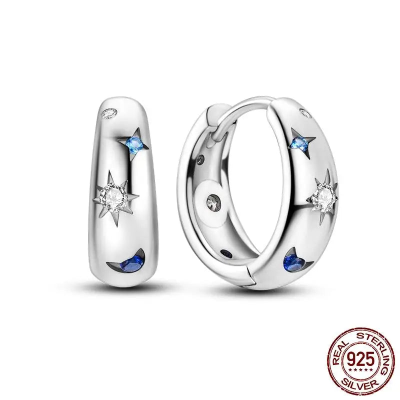 Luminous Shell Women Earrings Original 925 Sterling Silver Pave CZ Star Moon Hoop E additional angle