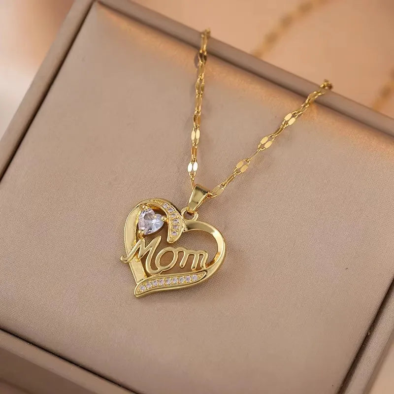 Crystal Heart Mama Necklace | Stainless Steel Pendant Jewelry for Mom additional angle