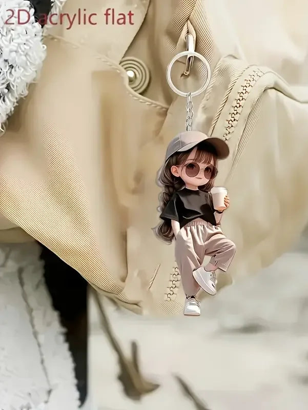 1 Cute Acrylic Girl Keychain, 2D Flat, Holiday Gift, Backpack Accessories, Key Decorat close-up view