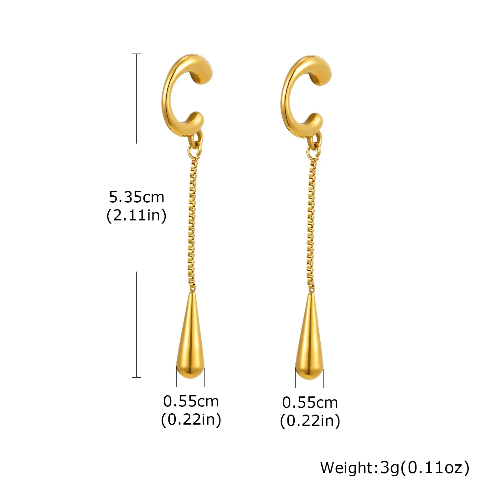 Fashion Long Tassel C-shaped Fake Piercing Ear Clip for Women Gold Plated Stainless St close-up view