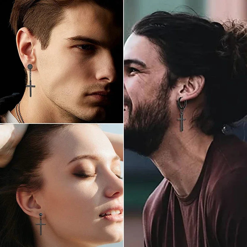 Black Stainless Steel Hoop Earrings with Cross Pendant | Unisex Punk Jewelry alternate view
