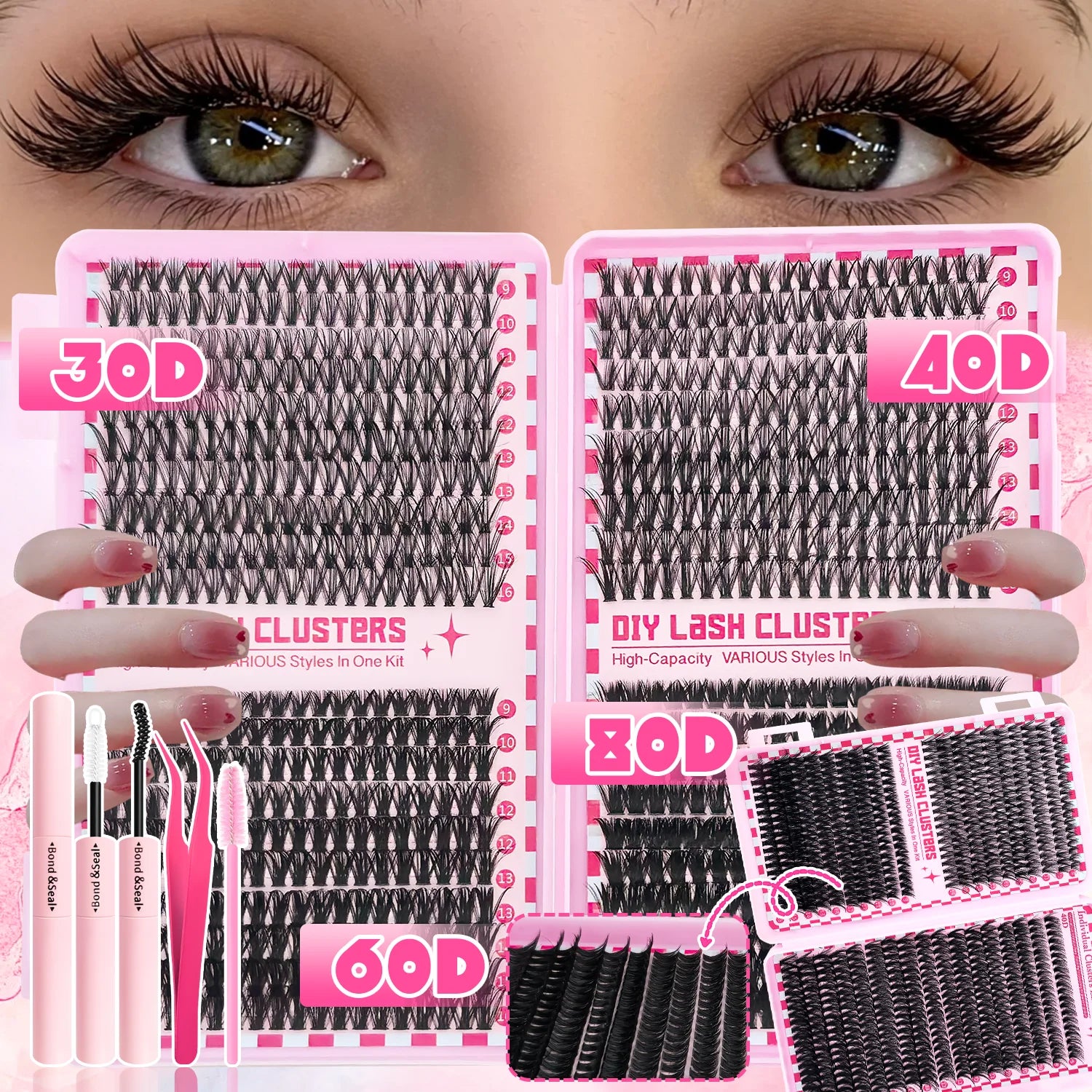 740/800PCS Eyelash Cluster Kit Mixed Lengths Ultra-Light Waterproof Lash Extensions Natural Daily Makeup or Dramatic Glam Look