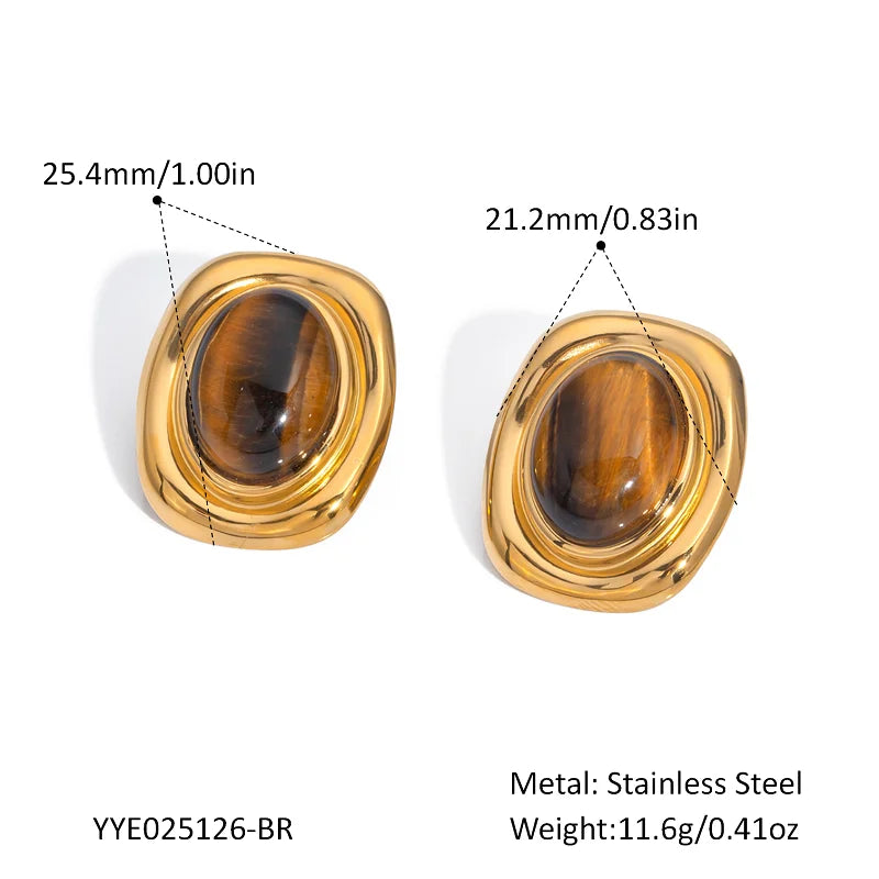 Vintage Oval Stud Earrings | 18K Gold Plated Stainless Steel Natural Stone Jewelry alternate view