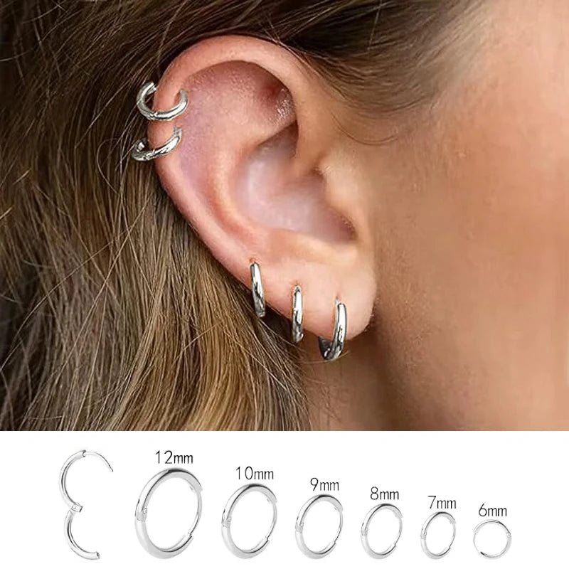 Huitan Glossy Minimalist Hoop Earrings Chic 6mm/7mm/8mm/9mm/10mm/12mm Ear Piercing Accessories for W