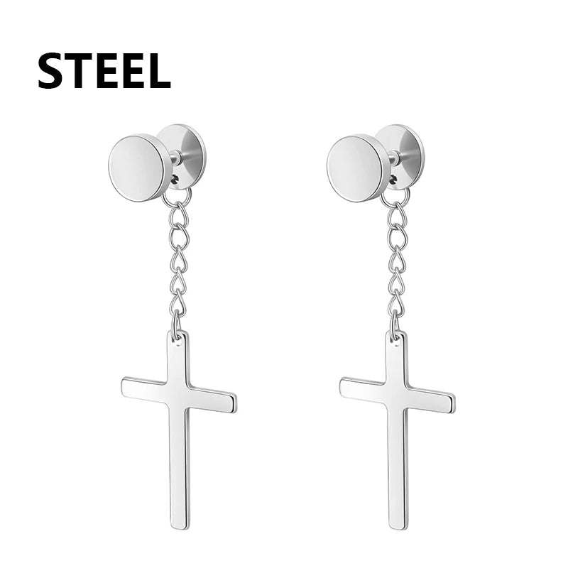 2pc Stainless Steel Men Cross Stars Punk Dangle Earrings Gothic Woman Cross Ear Hoop alternate view