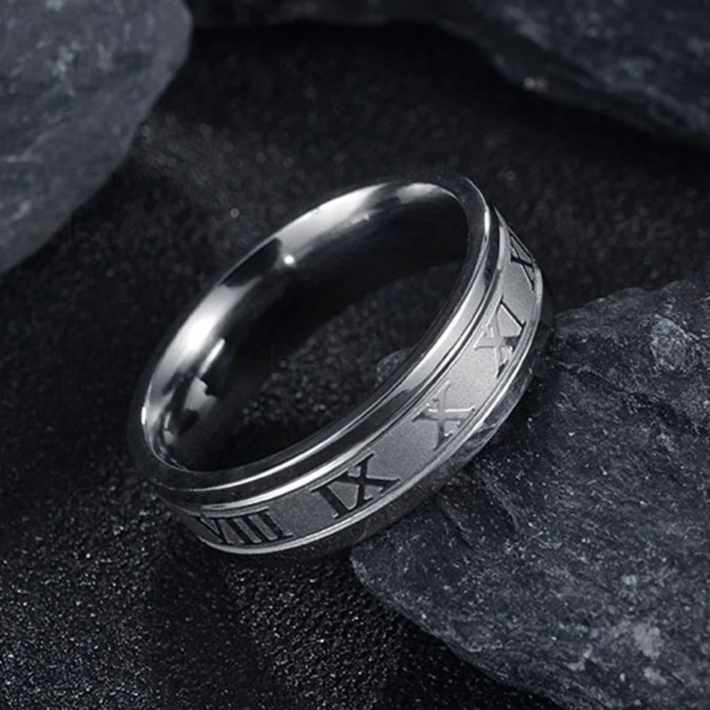Seakissky Classic Fashion Stainless Steel Roman Digital Men Women Ring Cool Punk Hi additional angle