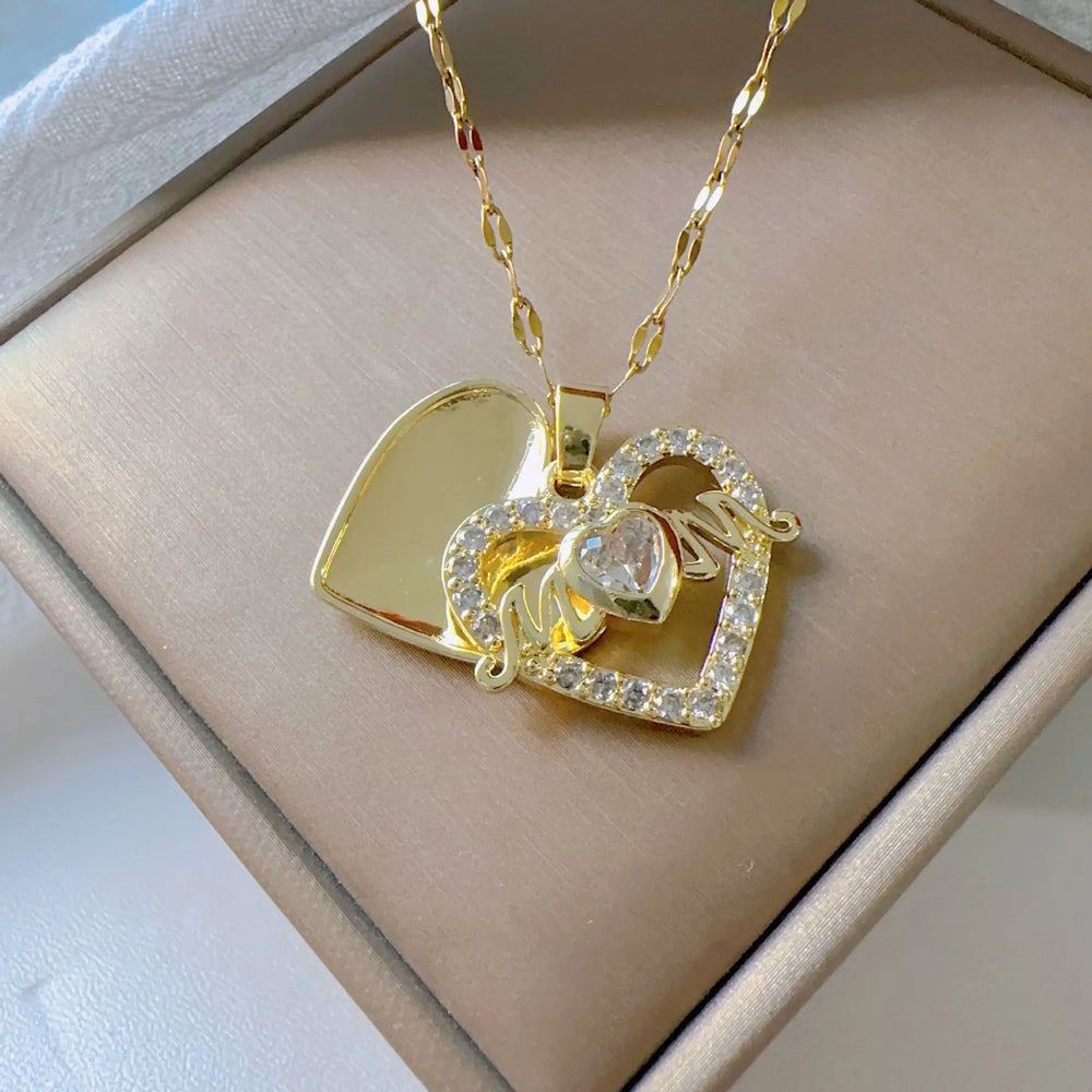 Crystal Heart Mama Necklace | Stainless Steel Pendant Jewelry for Mom lifestyle view