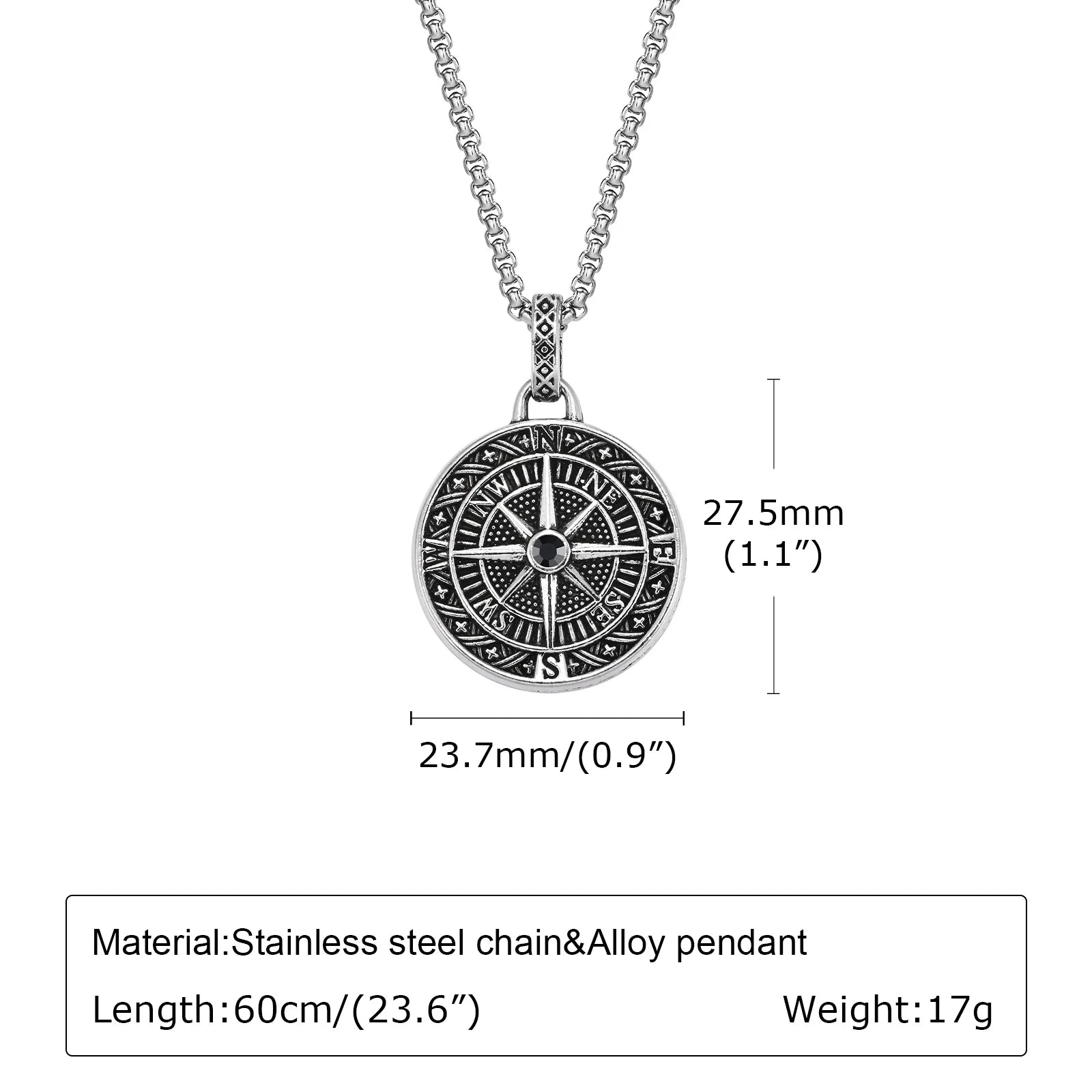 Vintage Compass Pendant Necklace | Stainless Steel Coin Necklace for Men alternate view