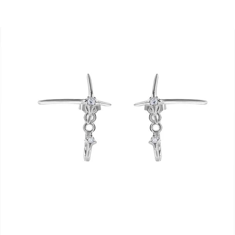 Luxury Silver Color Zircon Cross Stud Earrings for Women Men New Fashion Metal Shin additional angle