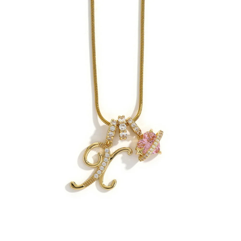 Gold Color Zircon Flower Pendant Necklace Female A-Z 26 Letter Alphabet Wedding Jewel alternate view