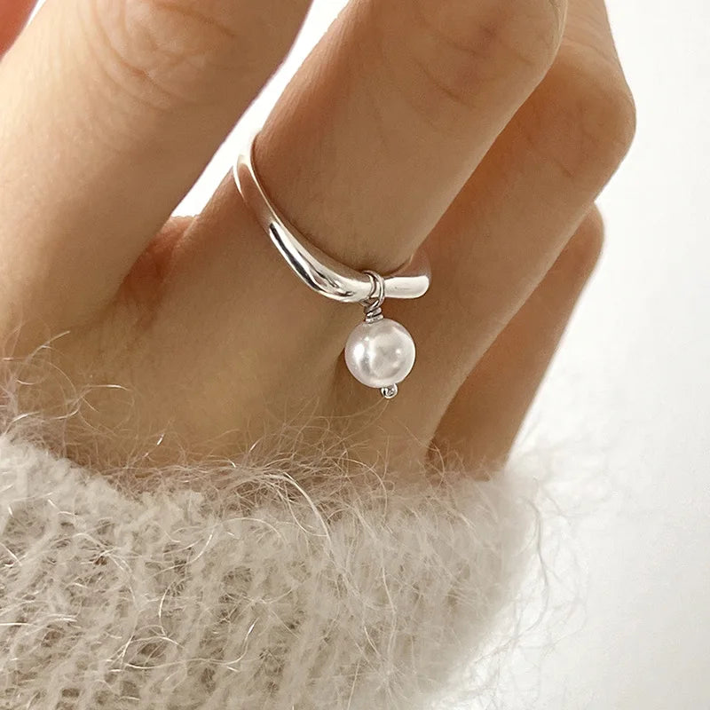 PANJBJ 925 Sterling Silver Pearl Irregular Ring for Women Shell Overlapping Hollow Sweet detail view