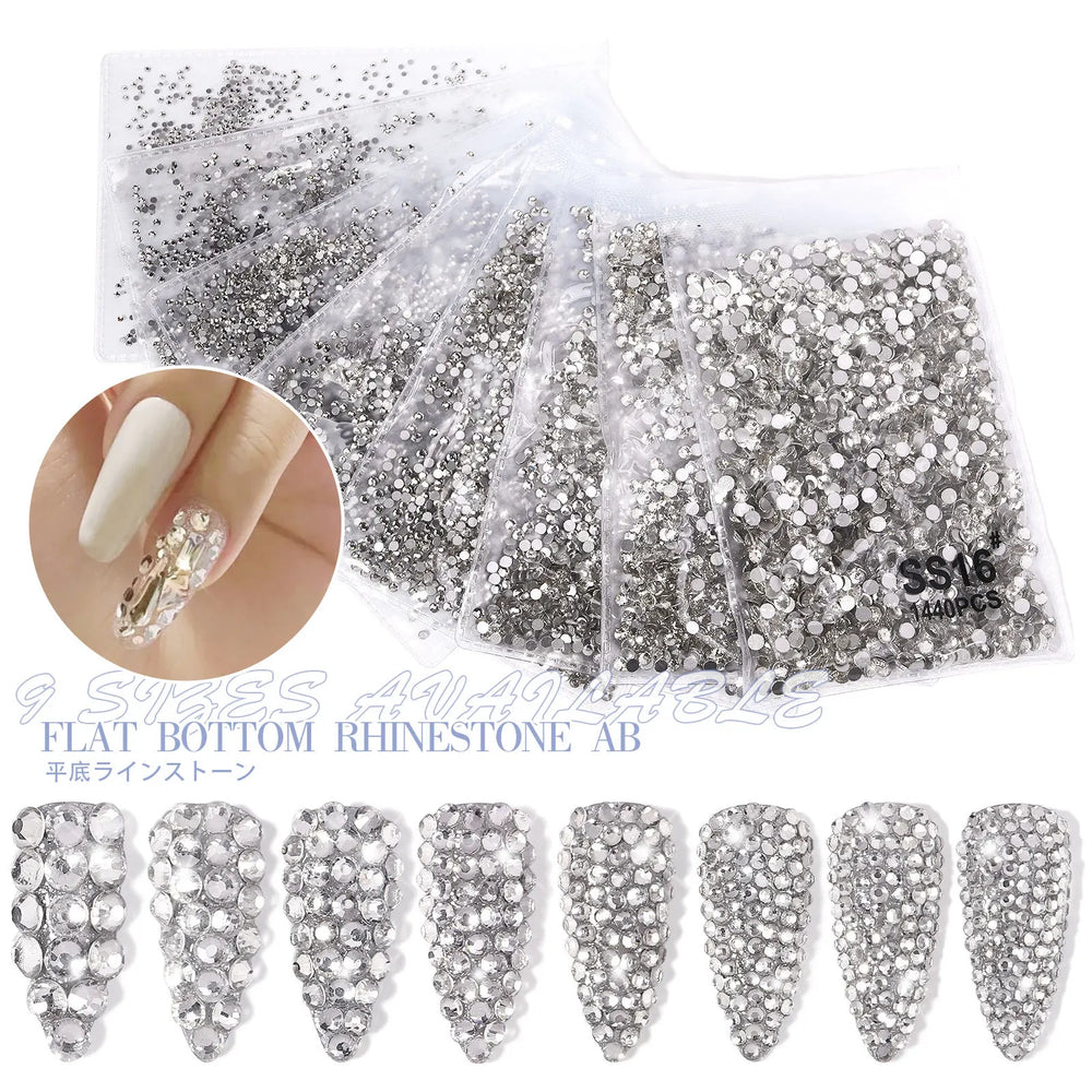 AB/Clear 1 Bag Nail Rhinestones Sizes SS3-SS12 1440 pcs Nail Art Decoration Flatback lifestyle view