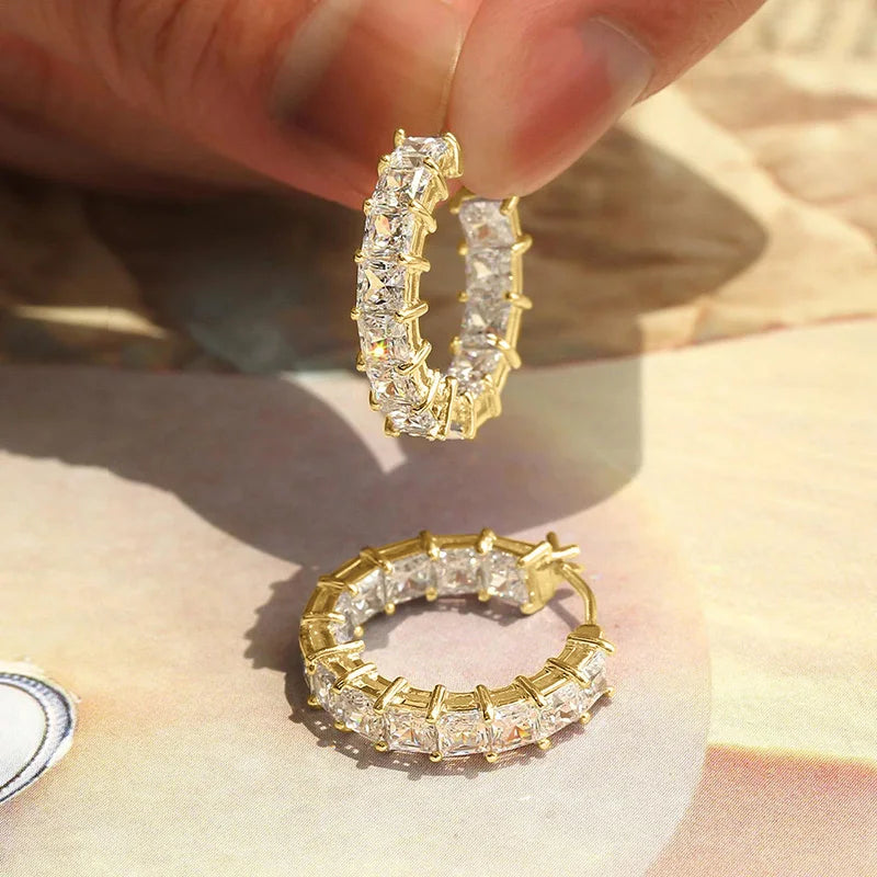 Huitan Princess Square Cubic Zirconia Hoop Earrings Luxury Trendy Ear Circle Earrin additional angle
