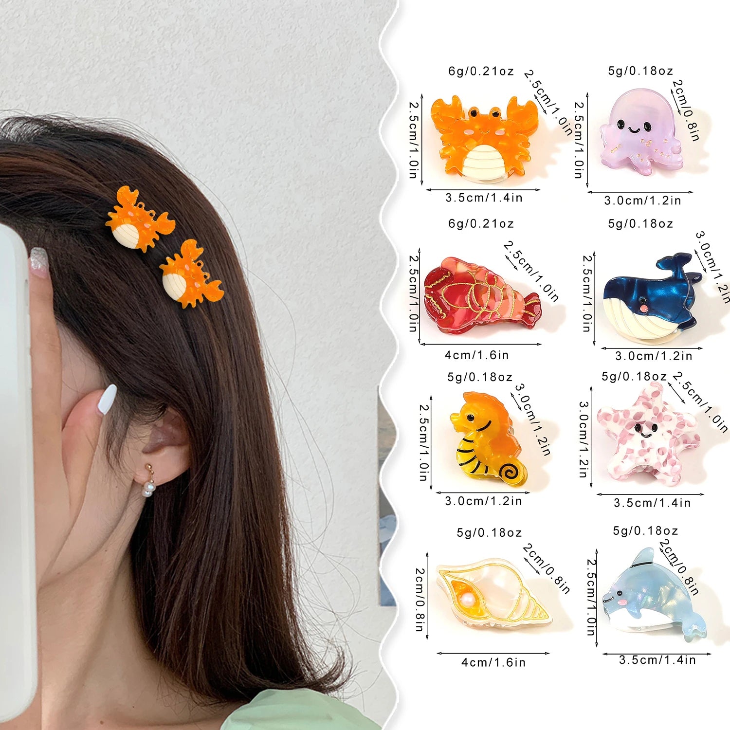 Small Delicate Cute Lovely Acetate Hair Clips Cartoon Whale Seahorse Crab Starfish Ha alternate view
