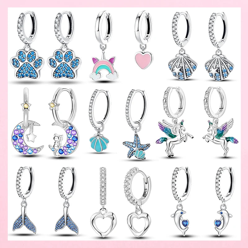 Luminous Shell Women Earrings Original 925 Sterling Silver Pave CZ Star Moon Hoop Earrings Engagemen