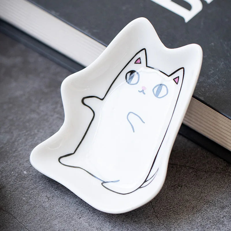 Japanese Ceramic Cat Incense Tray and Sauce Dish | Cute Animal Seasoning Plate for Ki lifestyle view