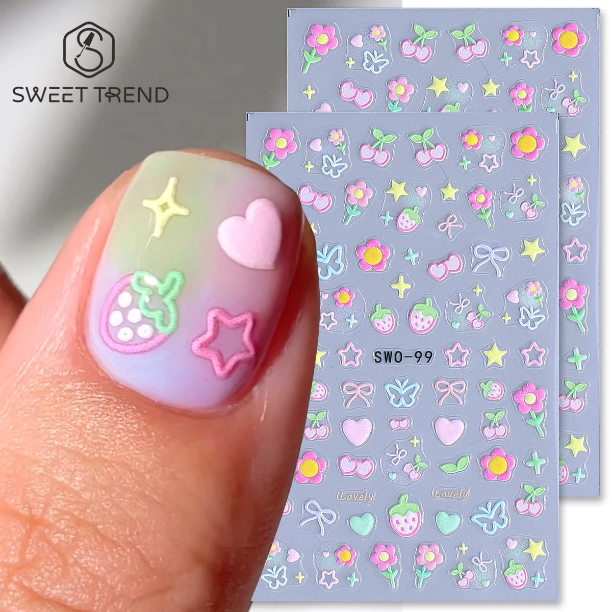 2pcs Sweet Element Nail Art Stickers Simple Flower Heart Cherry Strawberry Kawaii Decals Colorful Bo