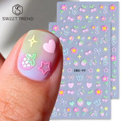 2pcs Sweet Element Nail Art Stickers Simple Flower Heart Cherry Strawberry Kawaii Decals Colorful Bo